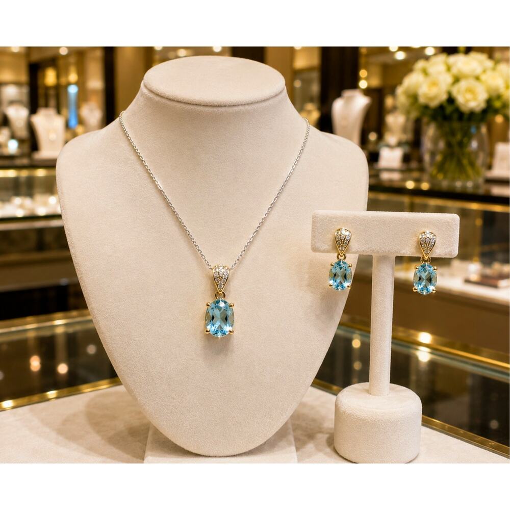 Vintage RSE 925 Sterling Silver Blue Topaz Jewelry Set Necklace Earrings